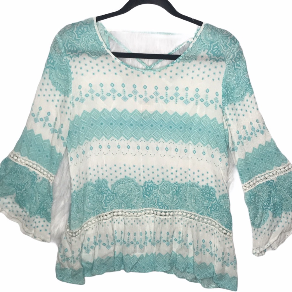 Boho Aqua Blue White Flutter Sleeve Top Women's Size Medium